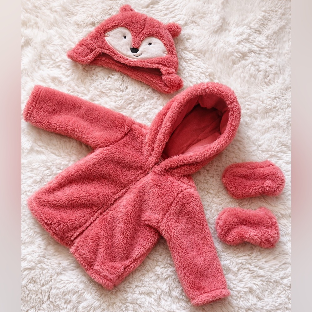 Adorable Pink Fuzzy Baby Jacket and Hat Set